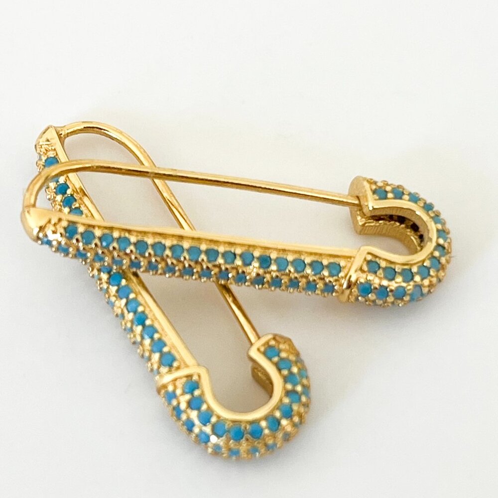 Turquoise Pave Safety Pin Earrings Gold Dangle Statement Earrings Boho